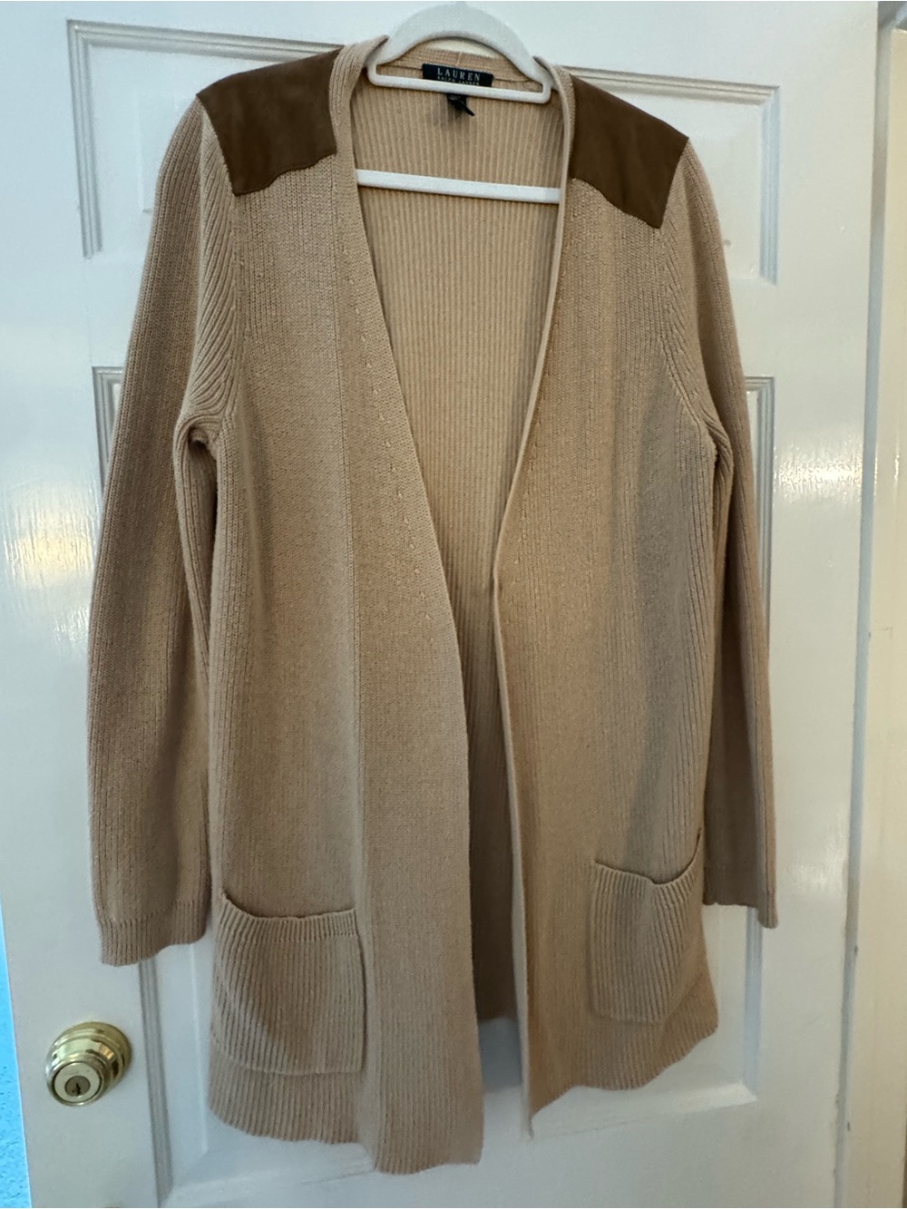 Ralph Lauren Beige Open-Front Cardigan with Brown Suede Shoulder Panels